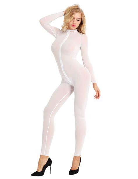 Women Double Zipper Bodysuit Sheer Mesh Bodystocking Crotchless Jumpsuit Catsuit Ebay