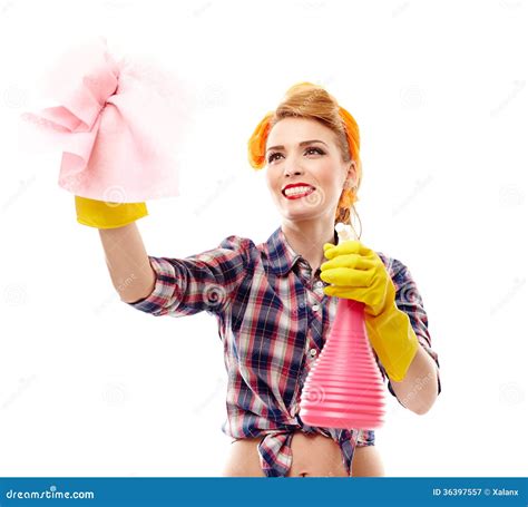 casalinga sexy che tiene un pezzo di panno e di spruzzo immagine stock immagine di domestica