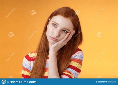 Lonely Upset Moody Cute Redhead Girlfriend Feeling Boredom Leaning Palm