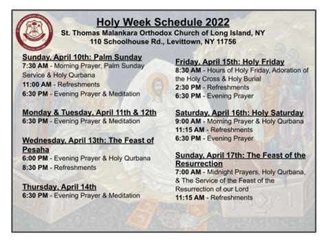 2022 Holy Week Schedule St Thomas Malankara Orthodox Church