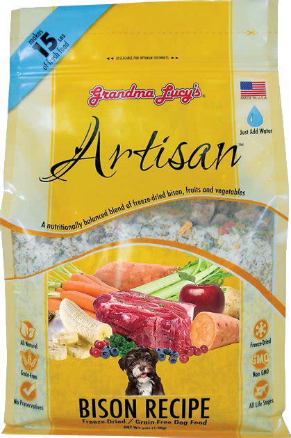 Certified organic fruits and vegetables provide essential vitamins, minerals, and fiber. Grandma Lucy's Artisan Grain-Free Bison Freeze-Dried Dog ...