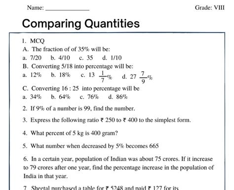 Mastering Comparing Quantities Free Pdf Worksheet For Class 8 Students