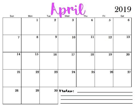 Blank April 2019 Calendar Printable Template Pdf
