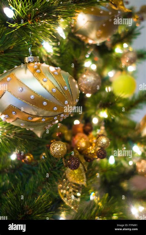 Beautiful Christmas Ornaments Are Hung On An Elegant Christmas Tree