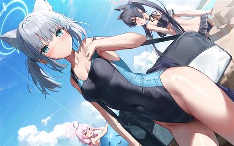 women trio looking at viewer group of women wet body fox girl fox ears thighs anime