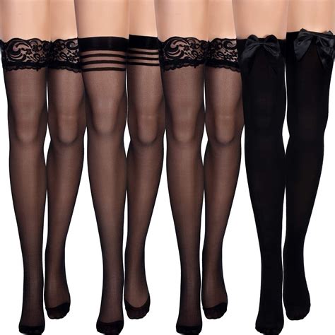 Silk Thigh High Stocking For Women Lace Silicone Socks Satin Bow Top Stocking Black Amazon Co