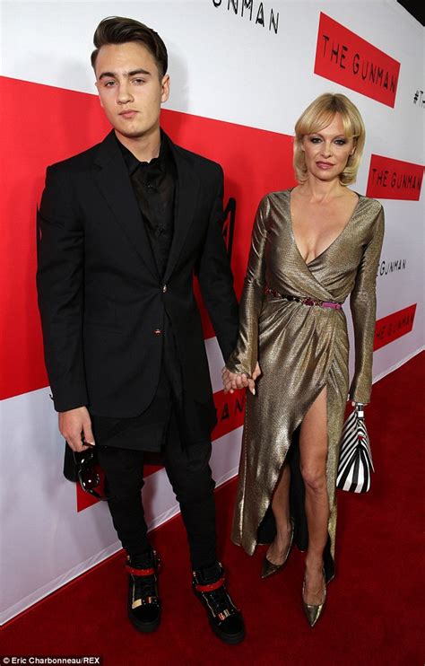Pamela Anderson Takes Son Brandon To The Gunman La Premiere Daily Mail Online