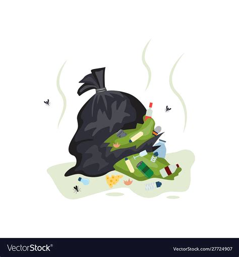 Black Full Trash Bag Ripped Open And Overflowing Vector Image