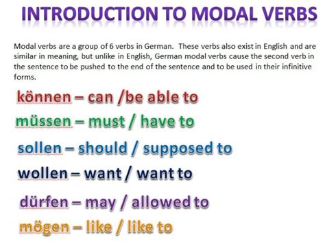 A modal is a type of auxiliary (helping) verb that is used to express: Introduction to Modal Verbs | German grammar, German ...