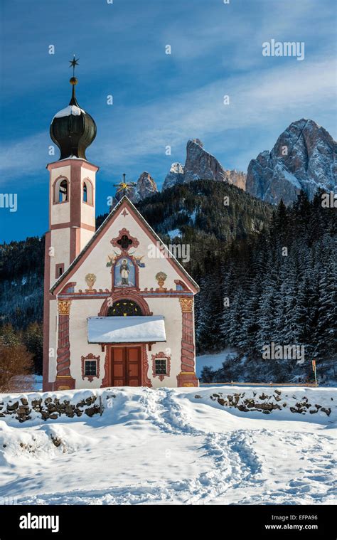 Winter View Of St Johann In Ranui Church With Puez Geisler Dolomites