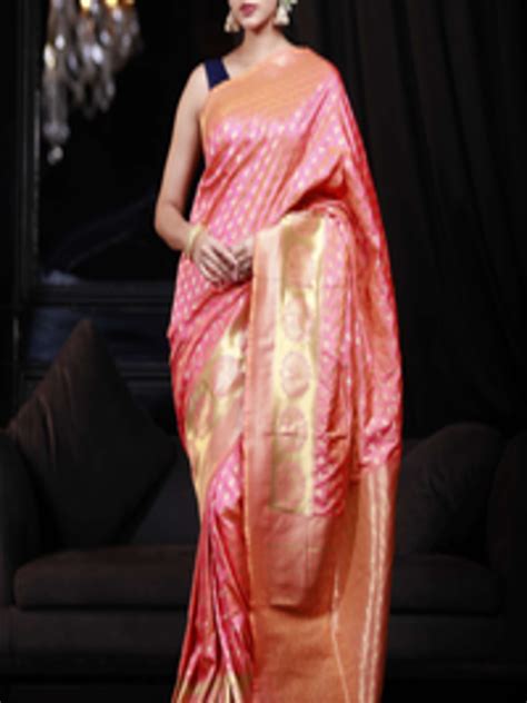 Buy Karagiri Pink And Gold Toned Ethnic Motifs Zari Silk Blend Banarasi Saree Sarees For Women