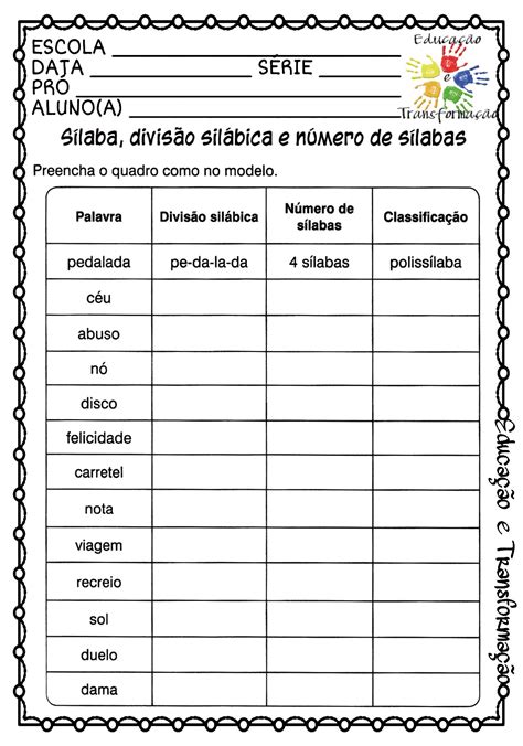 Classificação silábica Atividade para trabalhar a classificação das sílabas Atividades
