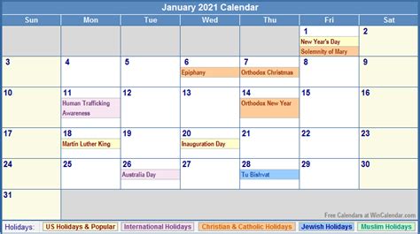 January 2021 Calendar With Holidays As Picture