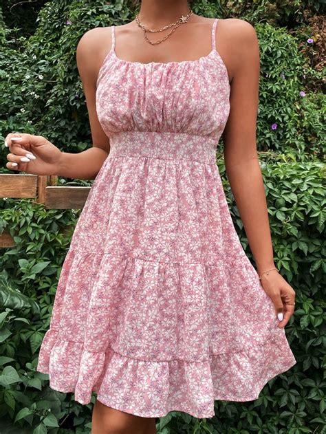Random Allover Floral Print Ruched Bust Ruffle Hem Cami Dress In 2022
