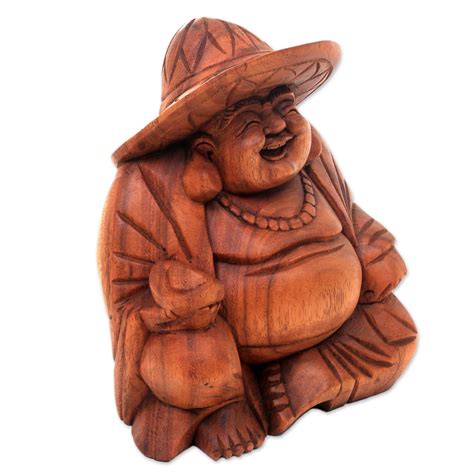 Unicef Market Tropical Balinese Laughing Buddha Wood Sculpture
