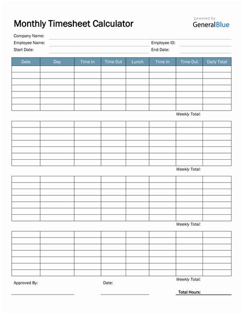Monthly Timesheet Calculator In Pdf Basic