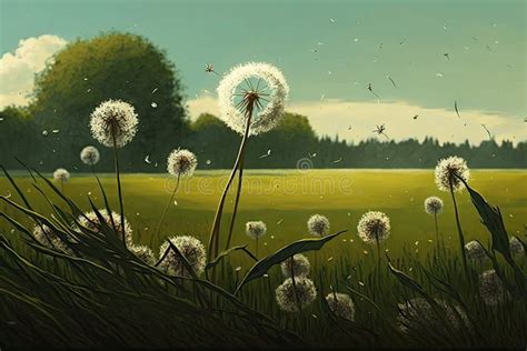 Dandelion Field With The Breeze Blowing The Seeds Away Stock Photo