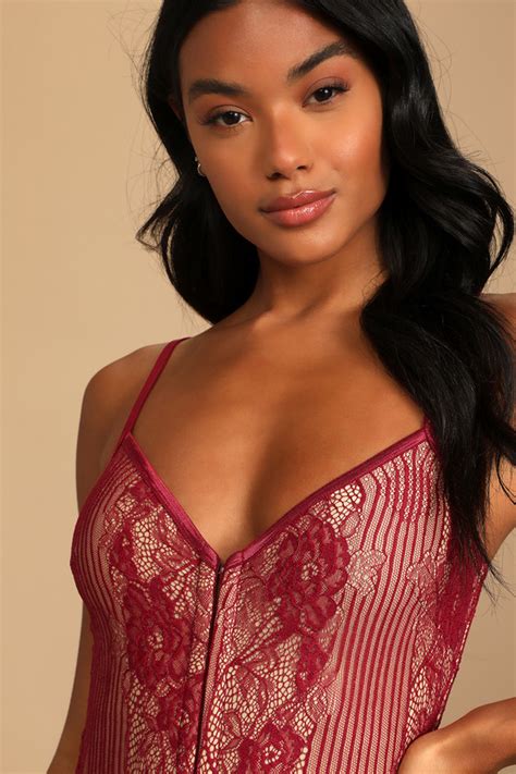 Wine Red Lace Bodysuit Beige And Red Bodysuit Corset Top Lulus