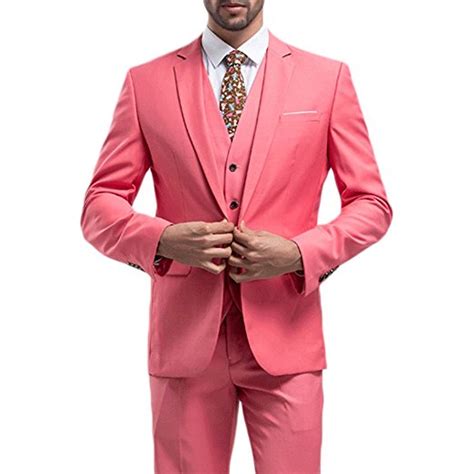 Mens Coral Slim Fit 3 Piece Wedding Suit Notch Lapel Formal Business