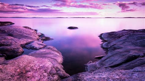 4k Wallpaper Sunset Scenery Rocks Lake Purple Sky 8k Nature 91