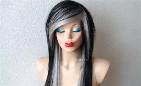 Black Grey Emo Wig 28 Straight Layered Hair Side Bangs Etsy