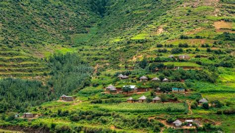 Village On Terraces In The Mountains Of The Kingdom Of Lesotho Stock