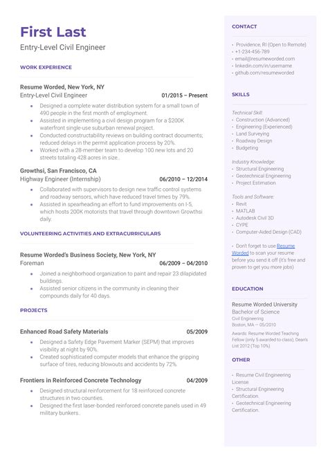 Entry Level Civil Engineer Resume Example For 2023 Resume Worded
