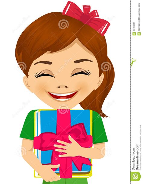 Little Girl Hugging A Stack Of Books Decorated With A Pink Ribbon Stock