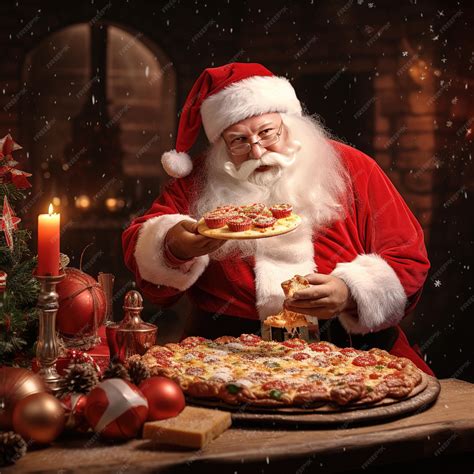 Premium Ai Image Santa Claus Eating A Giant Pizza On Christmas Eve