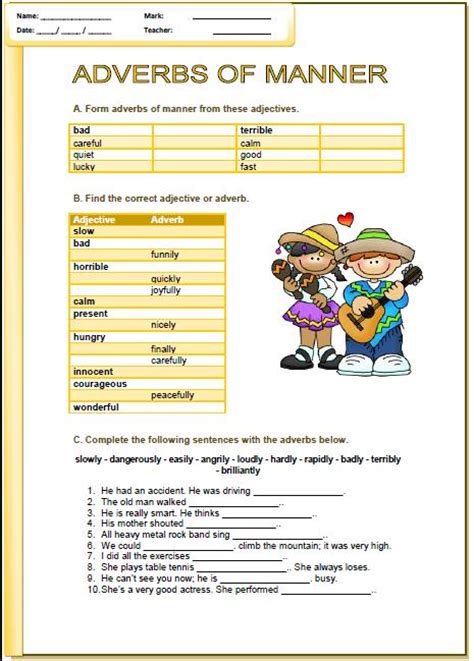 Examples of adverb of manner: Adverbs of Manner Elementary Worksheet