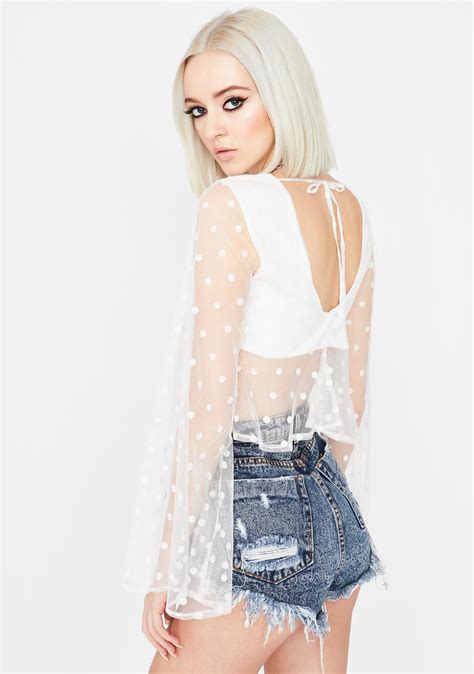 Polka Dot Sheer Long Sleeve Crop Top White Dolls Kill