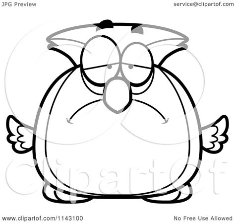 Cartoon Clipart Of A Black And White Chubby Sad Owl Vector Outlined