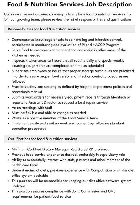 Food And Nutrition Services Job Description Velvet Jobs