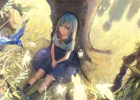 Anime Girls Birds Trees Original Characters Blue Hair