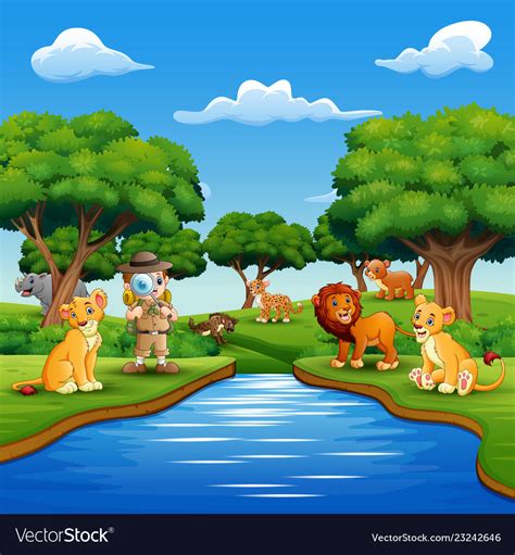 Cartoon Boy Explorer With Animals River Royalty Free Vector