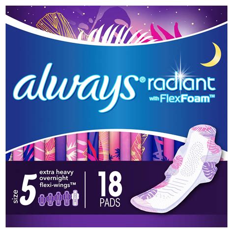 Always Radiant Heavy Overnight Pads Winged Scented Size 5 18 Ct