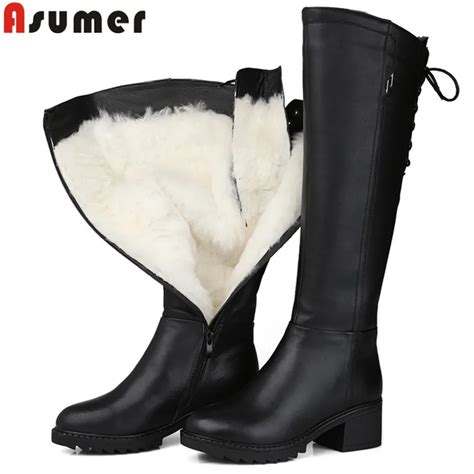 asumer black fashion winter snow boots round toe keep waem knee high boots zip shearling