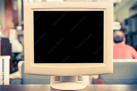 Old Crt Computer Monitor On 90s Office Table Blank Tv Screen Display