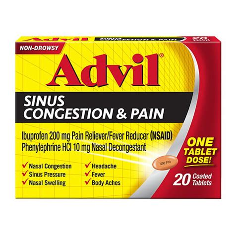 Advil Sinus Congestion And Pain Coated Tablets Non Drowsy 20 Ea