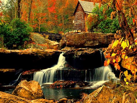 Autumn Colors House Near The Small Waterfall Nature Forests Hd