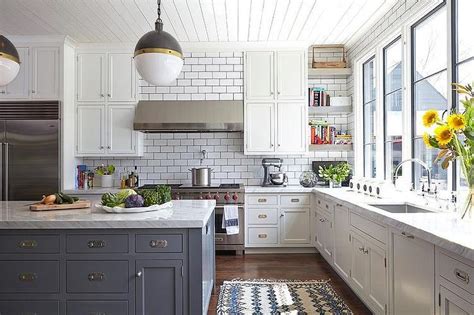 Give your white kitchen a stylish twist by adding gray to the mix. Kitchen Island with Gray Striped Bench - Transitional ...