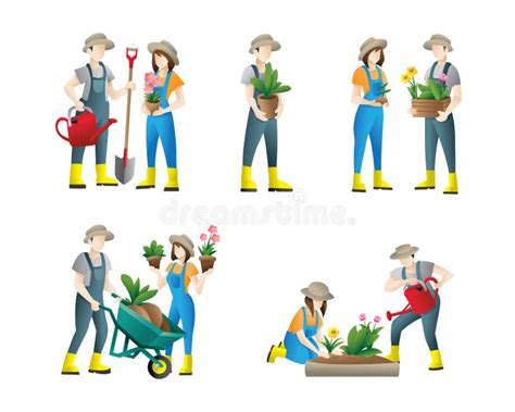 people gardening set of vector flat illustrations of people doing garden job watering