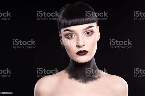 High Fashion Model Girl Portrait With Trendy Gothic Black Makeup Stock