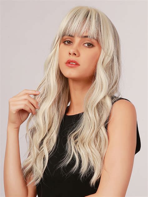 Platinum Blonde Long Wig Wavy Synthetic White Wig With Bangs Heat