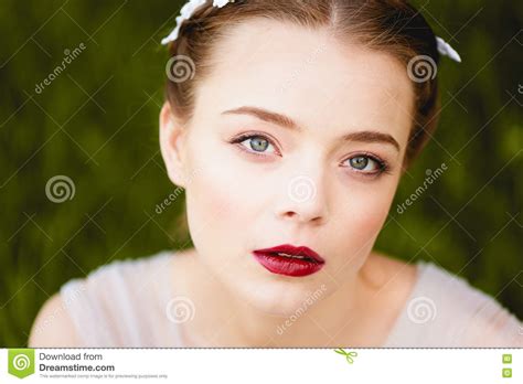 Close Up Portrait Of Young Girl With Green Eyes A Quality Makeup Boho
