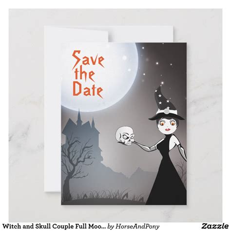 Witch And Skull Couple Full Moon Halloween Wedding Save The Date Zazzle Wedding Saving