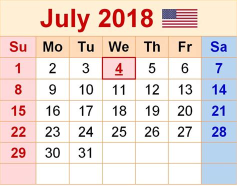 July 2018 Calendar Pdf Word Execl Vertical And Landscape Format