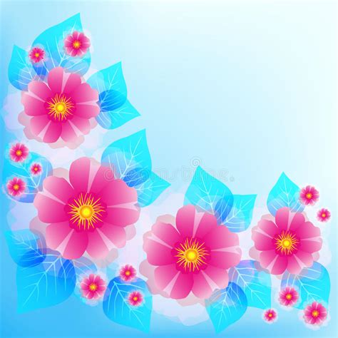 Light blue background with pink flowers. Festive Blue Background With Pink Flowers And Leaves Stock ...