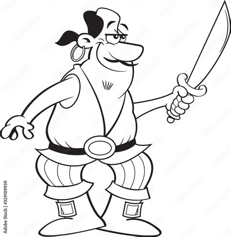 black and white illustration of a smiling pirate holding a cutlass sword stock vector adobe stock