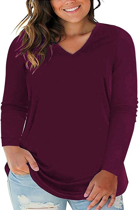 Rosriss Plus Size Tops For Women Long Sleeve Tees V Neck Tunics Solid